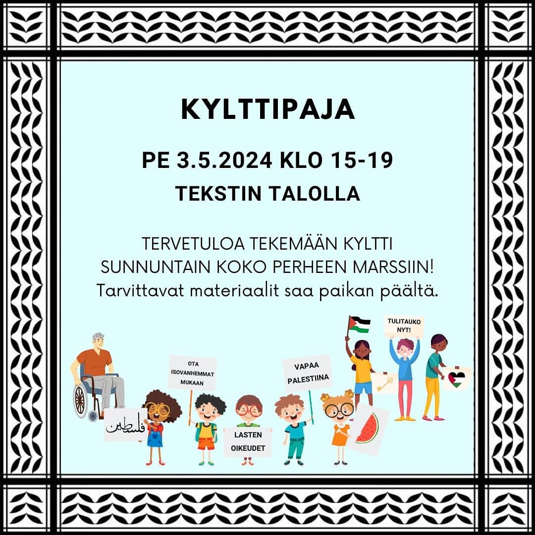 A colorful poster for "kylttipaja" event on may 3, 2024, featuring diverse cartoon characters including one in a wheelchair, interacting and holding signs, framed by a decorative border. text details event time and location.